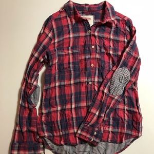 Red plaid shirt with elbow patches